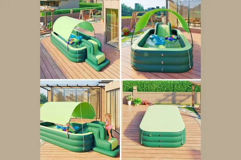 Inflatable Kids Pool with Slide and Night-Sealing Awning