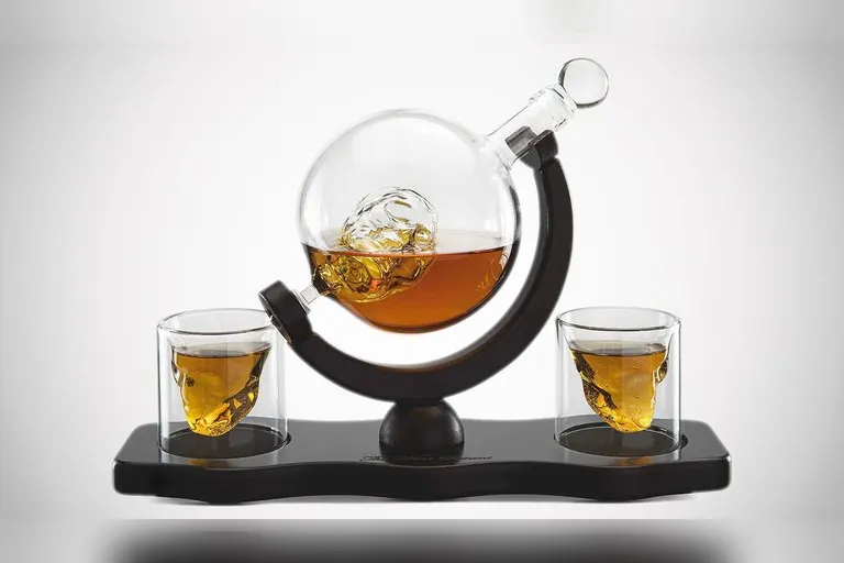 Crystal Skull Decanter Set with Shot Glasses