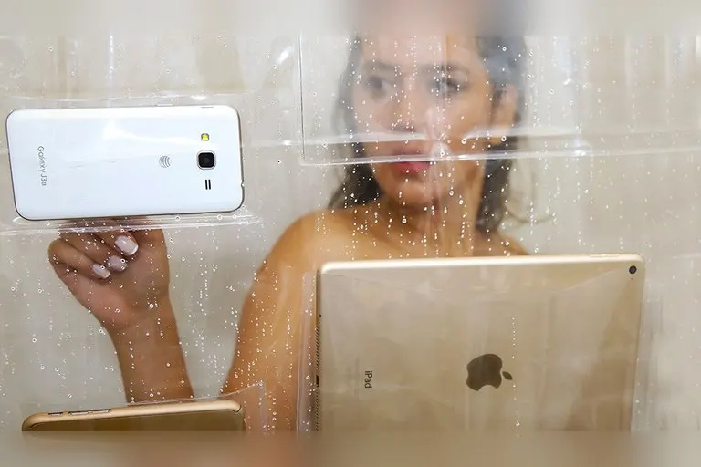 Clear Shower Curtain with Phone and Tablet Pockets